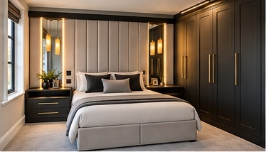 Bespoke fitted bedroom with dark wardrobes, upholstered panelled headboard wall and integrated lighting by C H Joinery Solutions