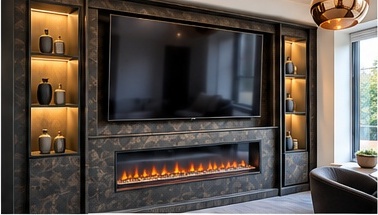 Bespoke media wall with wall-mounted television, inset electric fire and illuminated display shelving by C H Joinery Solutions